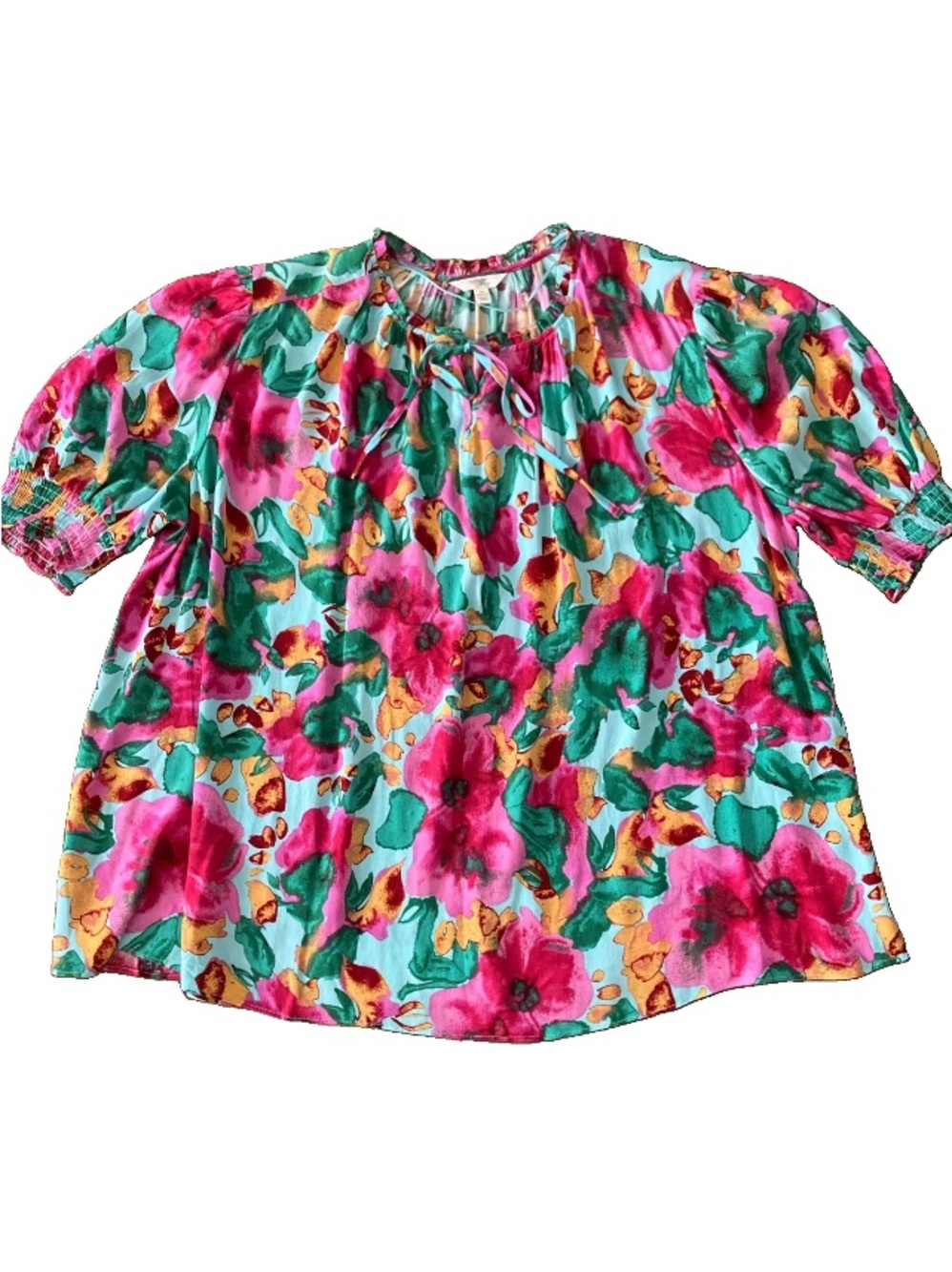 Terra & Sky 2X Balloon Sleeve Ruffle Floral Summery Flowy Relaxed Casual Blouse.